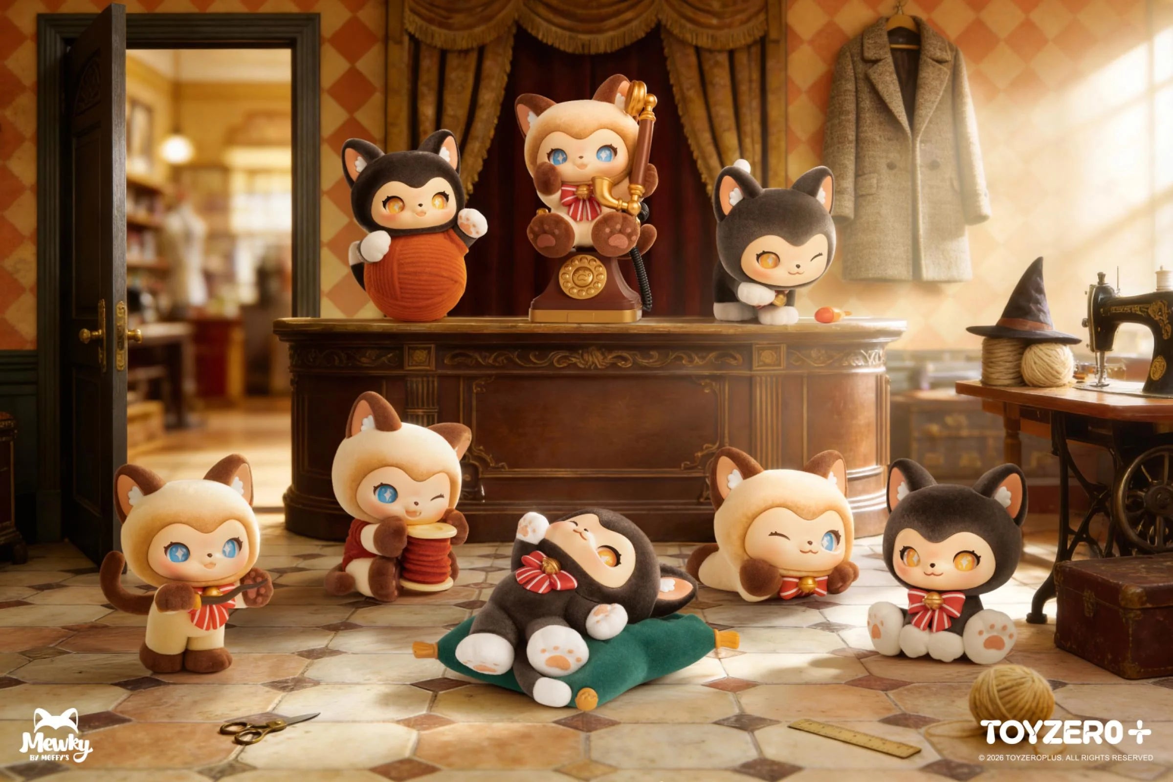 Mewky cat-plush figures in a cozy workshop setting, showcasing MOFFY'S Magic Tailoring Shop - The Magic Furry Mewky Blind Box by ToyZero+.