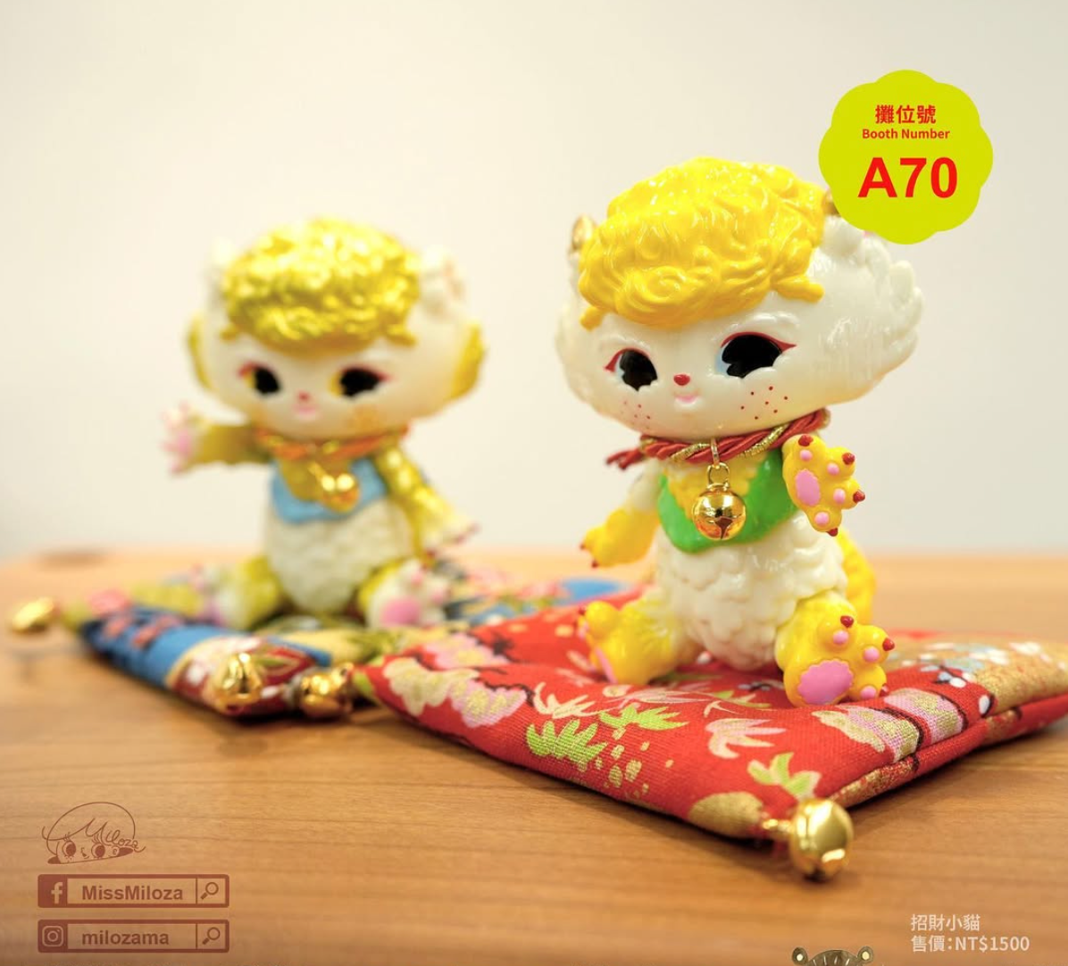 Mini Lucky Cats by Milozama: two 10cm hand-painted vinyl figurines with curly hair, seated on patterned cushions, showcasing art toy craftsmanship.