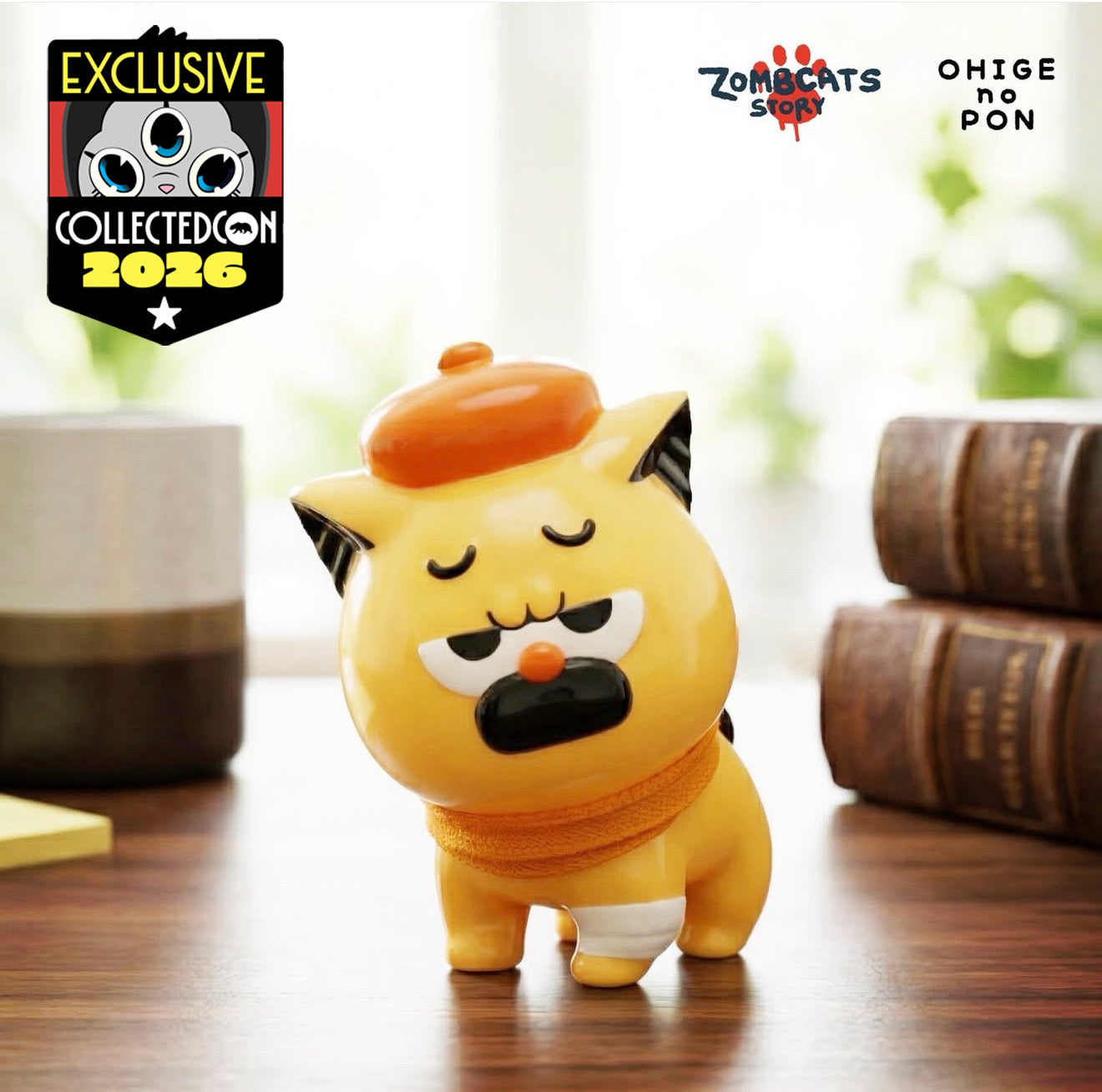 Zombcats Story × OHIGE no PON - OHIGE Zombcat: A 10cm vinyl cat toy with a beret, mustache, scarf, and bandage. Exclusive collectible.