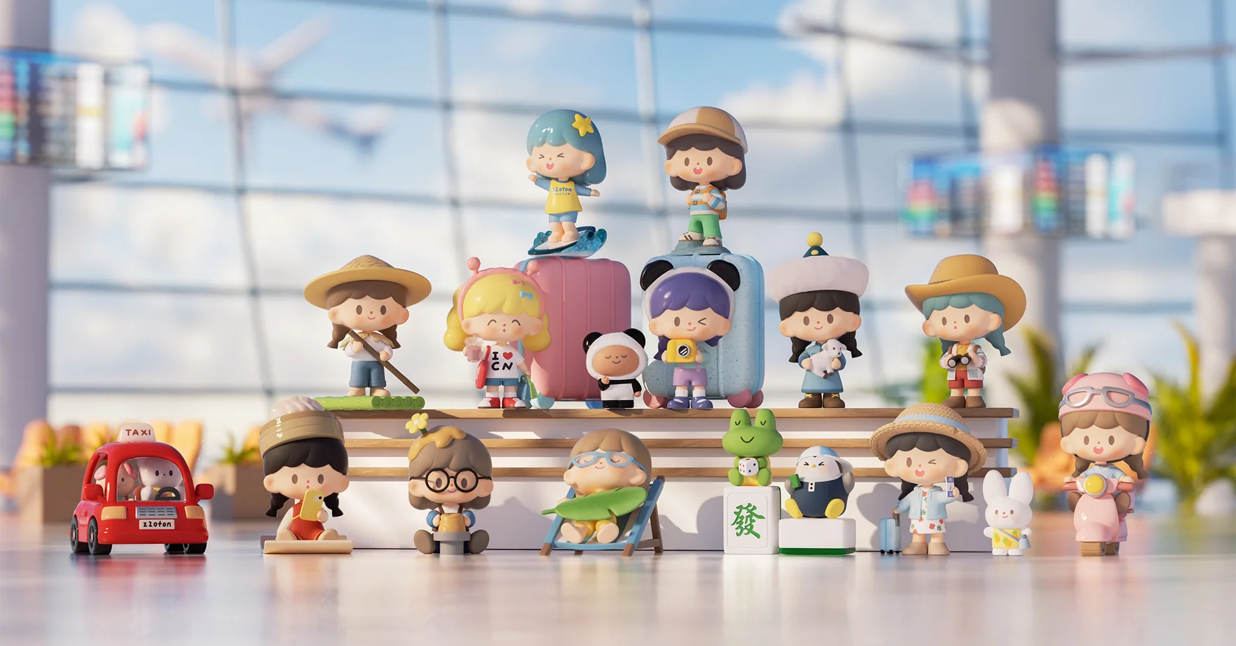 zZoton TRAVEL TOGETHER Blind Box Series: Small figurines, toy car with stuffed animals, cartoon characters in various poses.