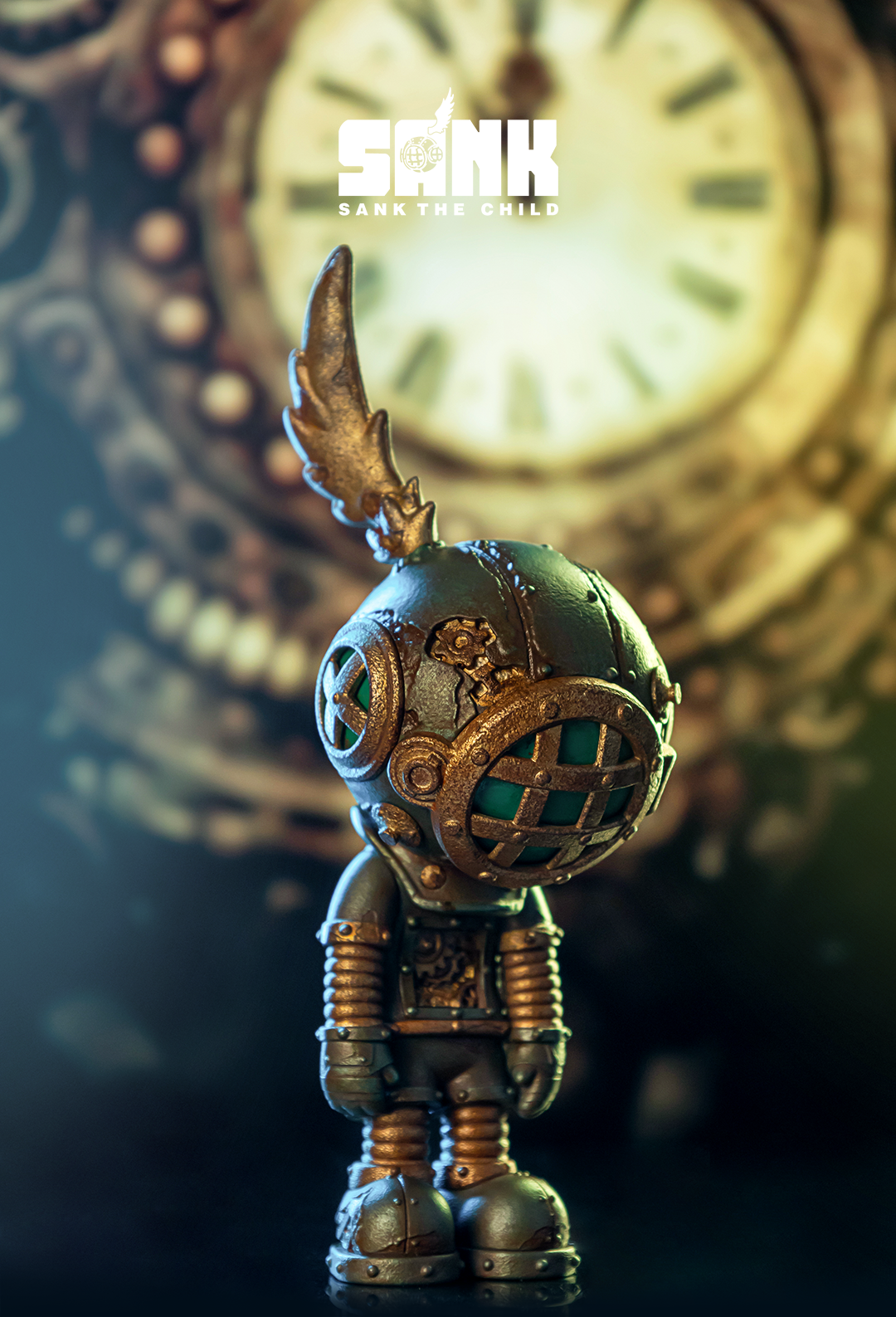 Toy figurine with green face in front of clock and bronze object, part of Sank - Lost-Steam Punk Bronze Age collection.