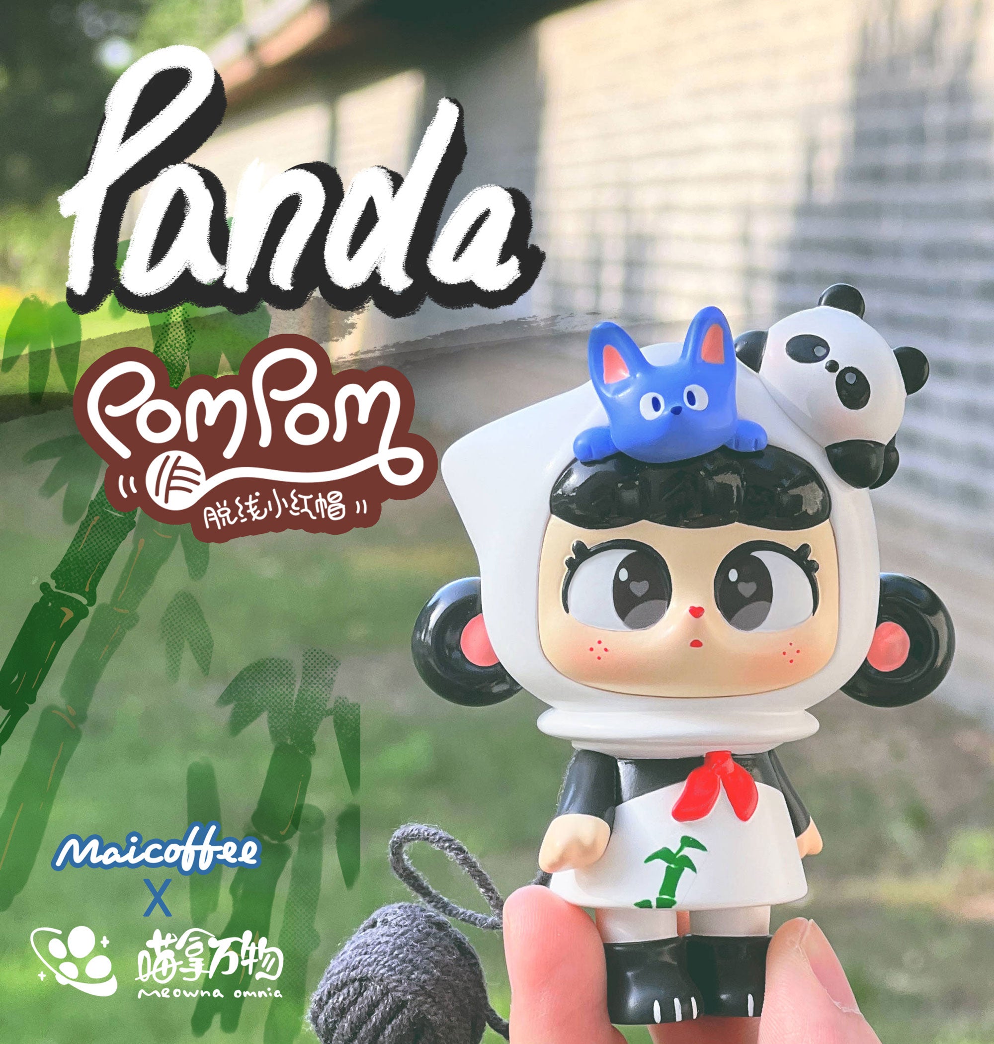 A person holding a toy figurine of a girl, a close-up of a word, a blue animal shaped object, and a ball of yarn.