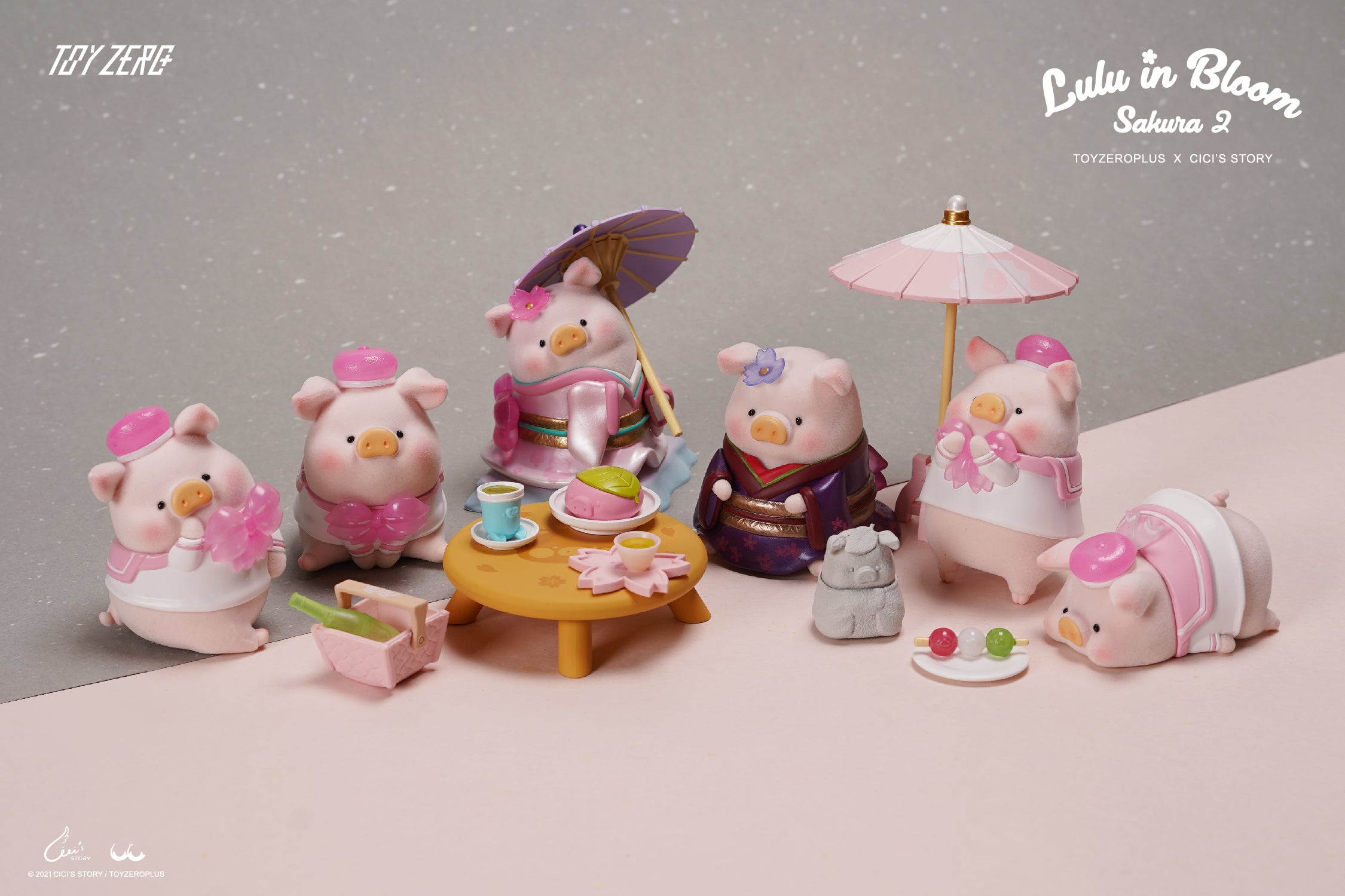 A group of small pig figurines, including LULU the piggy - Sakura Series 2 Blind Box by Cici’s Story.