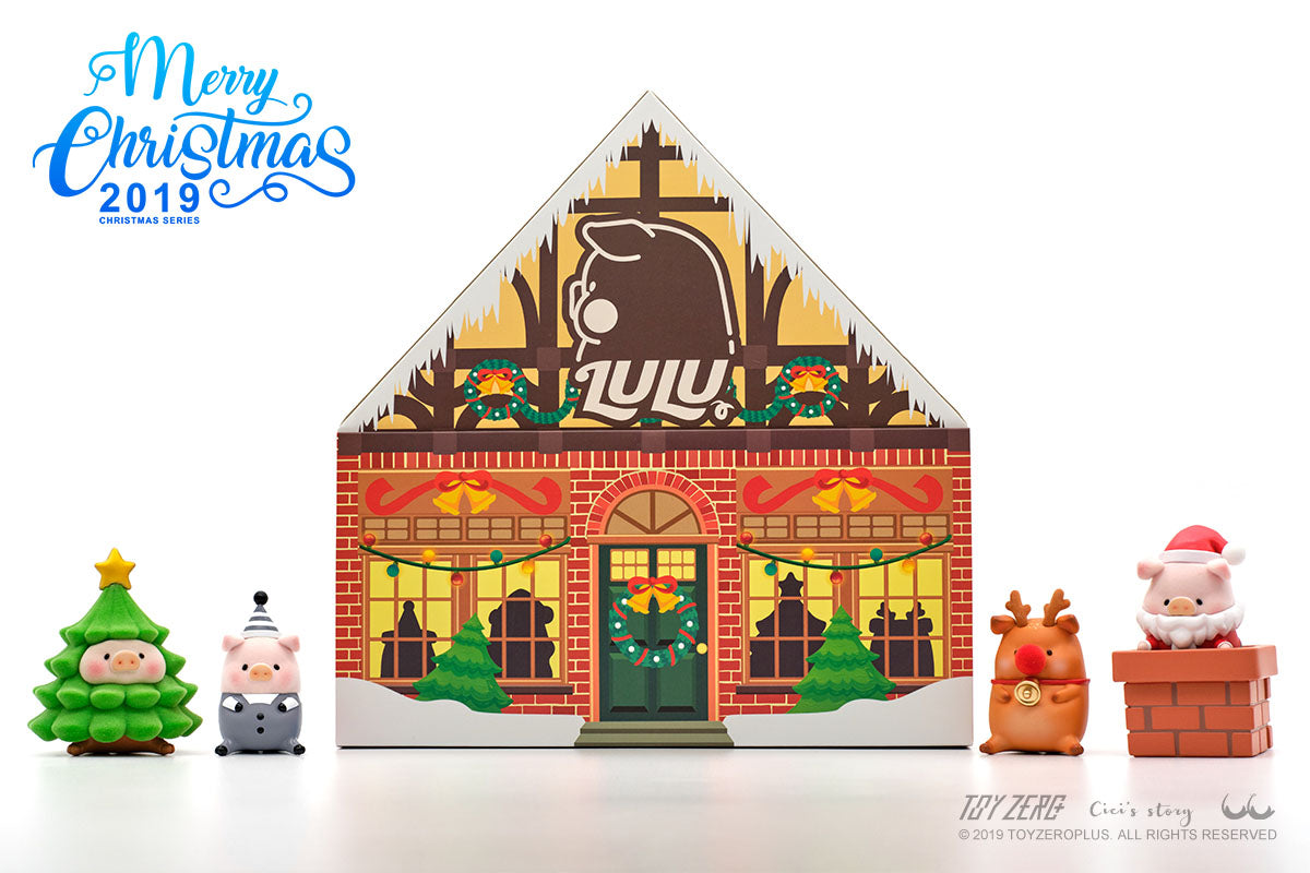 A toy house with animals, a close-up of a toy, a piggy Christmas tree, a paper cut-out house, a door with a wreath, a building with lights, a brick chimney, a stuffed toy pig in a Santa hat.