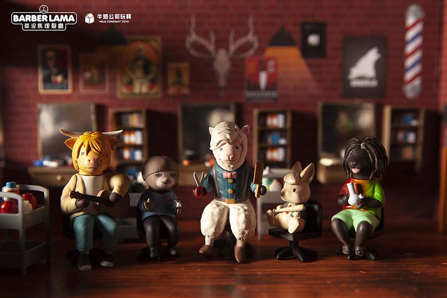 Barber Lama Gacha Series: A group of toys, including a cartoon action figure and figurine, displayed on a table.