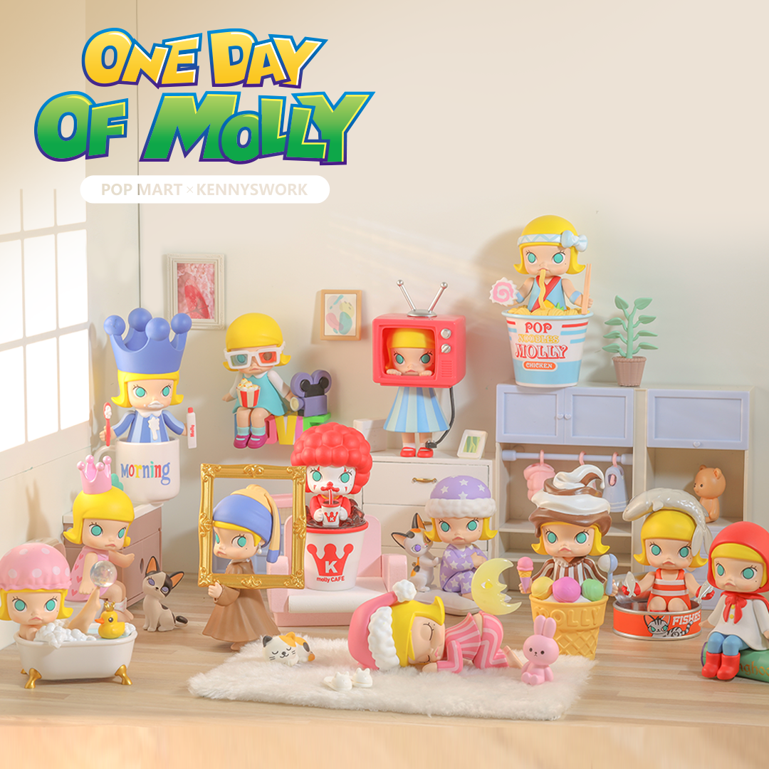A group of indoor baby toys, including a toy doll, cartoon animal, and toy figurines, from the One Day Of Molly Blind Box Series by Kenny Wong.