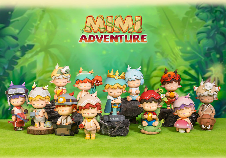 MIMI Adventure Blind Box Series: Cartoon figurines and toy on grass surface, 10 regular designs, 2 secret designs.
