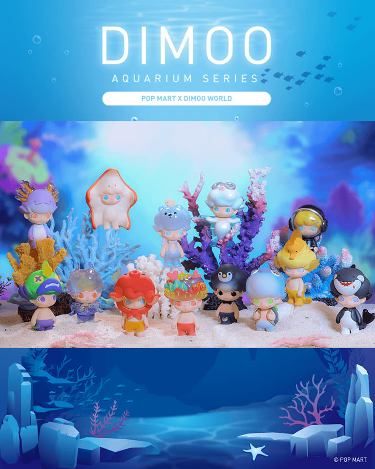 DIMOO Aquarium Blind box Series by Ayan x Pop Mart: Toys include penguin hat, whale garment, and more characters.