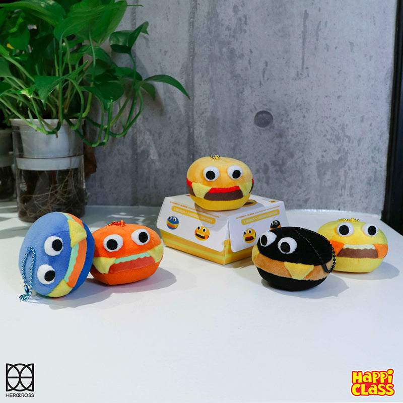 Burger Mobile Cleaner Blind Box plush toys on table, with various designs including secret one.
