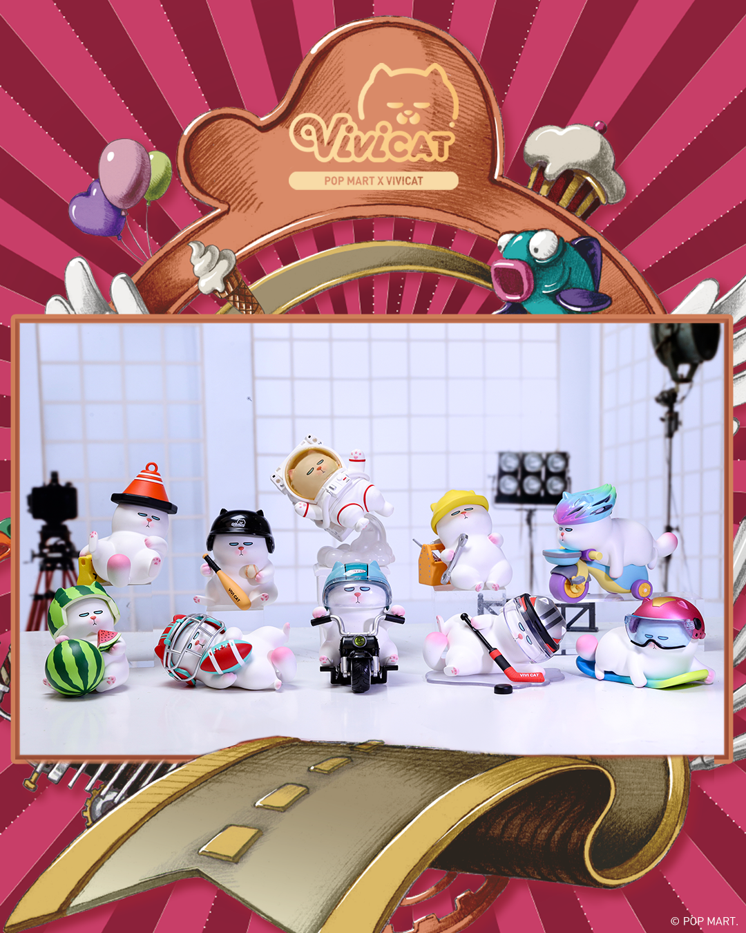 ViViCat Helmet Series toy collection featuring a cat ice cream, watermelon, and more on display.