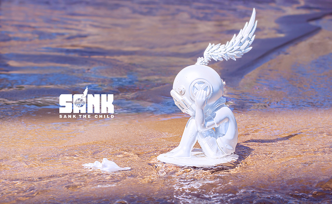 Statue of a person with wings, globe, and bird, part of Sank the Child - The Void The Sea - Pureness collection.