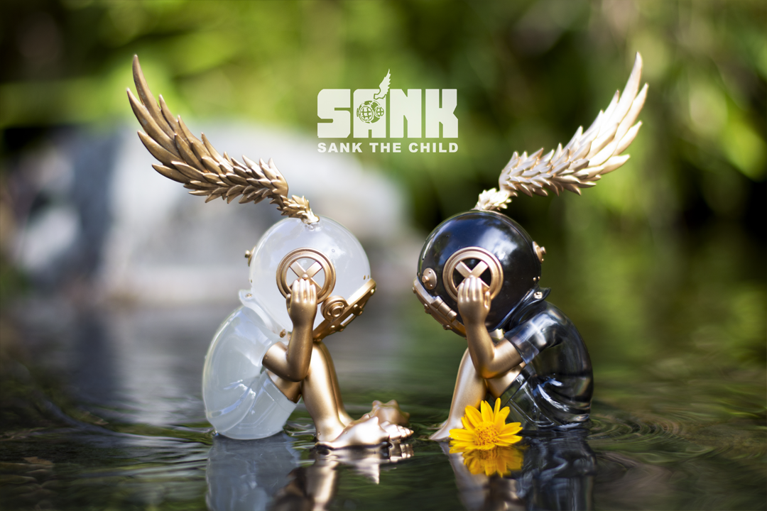 Statues with wings, diver, and globe in water, featuring The Void-Spectrum Series Night Fall & Star Rise by Sank.