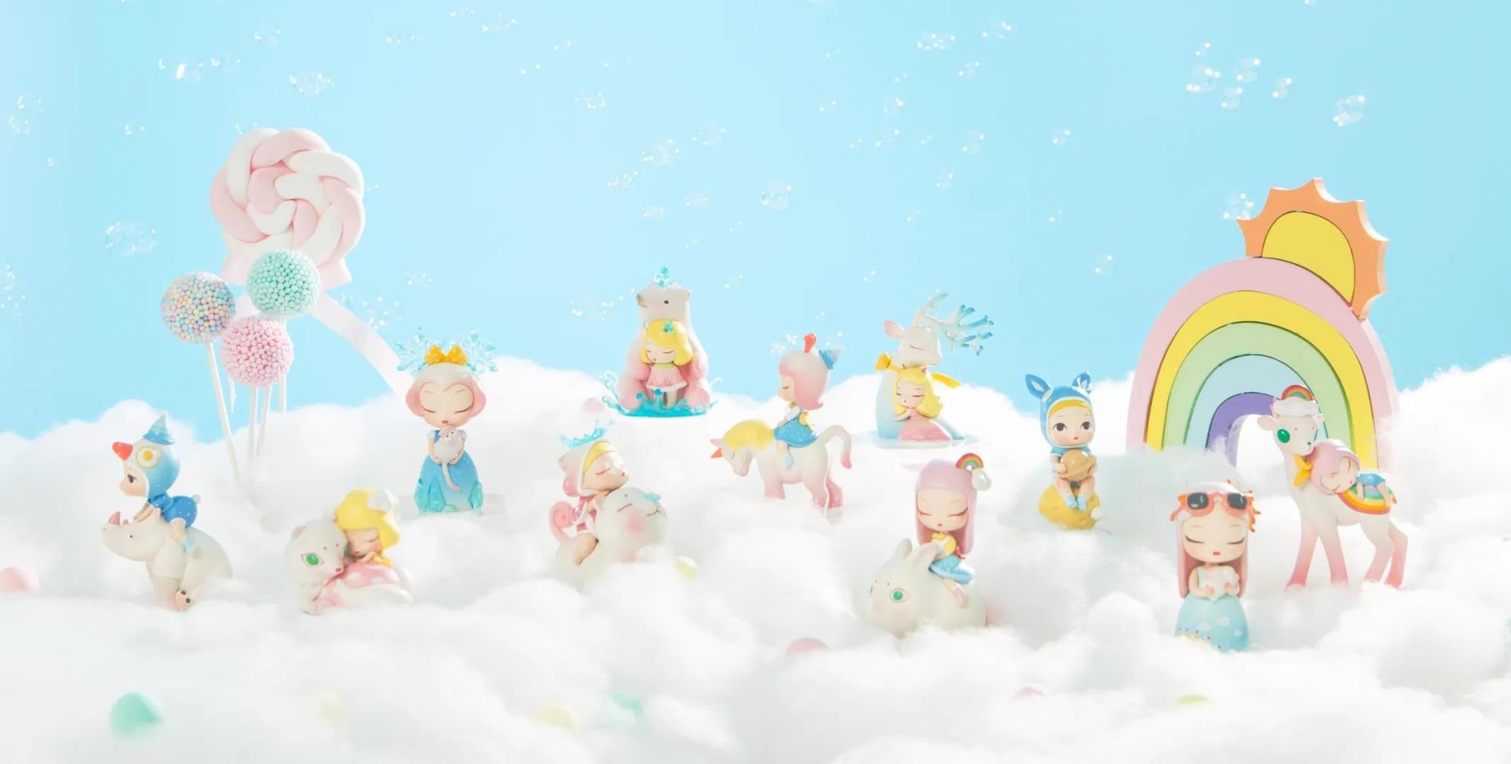 Weather Fairy Tales Blind Box series by Kemelife: Small figurines on a cloud with a rainbow, sheep, and toy animals.