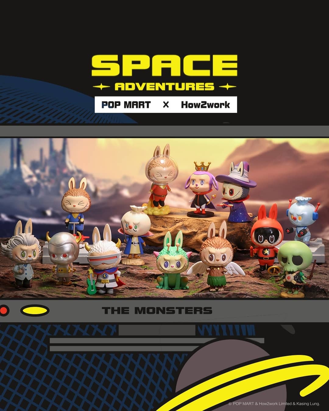 A group of cartoon characters and toy figurines from The Monsters: Space Adventures Blind Box Series by Kasing Lung.