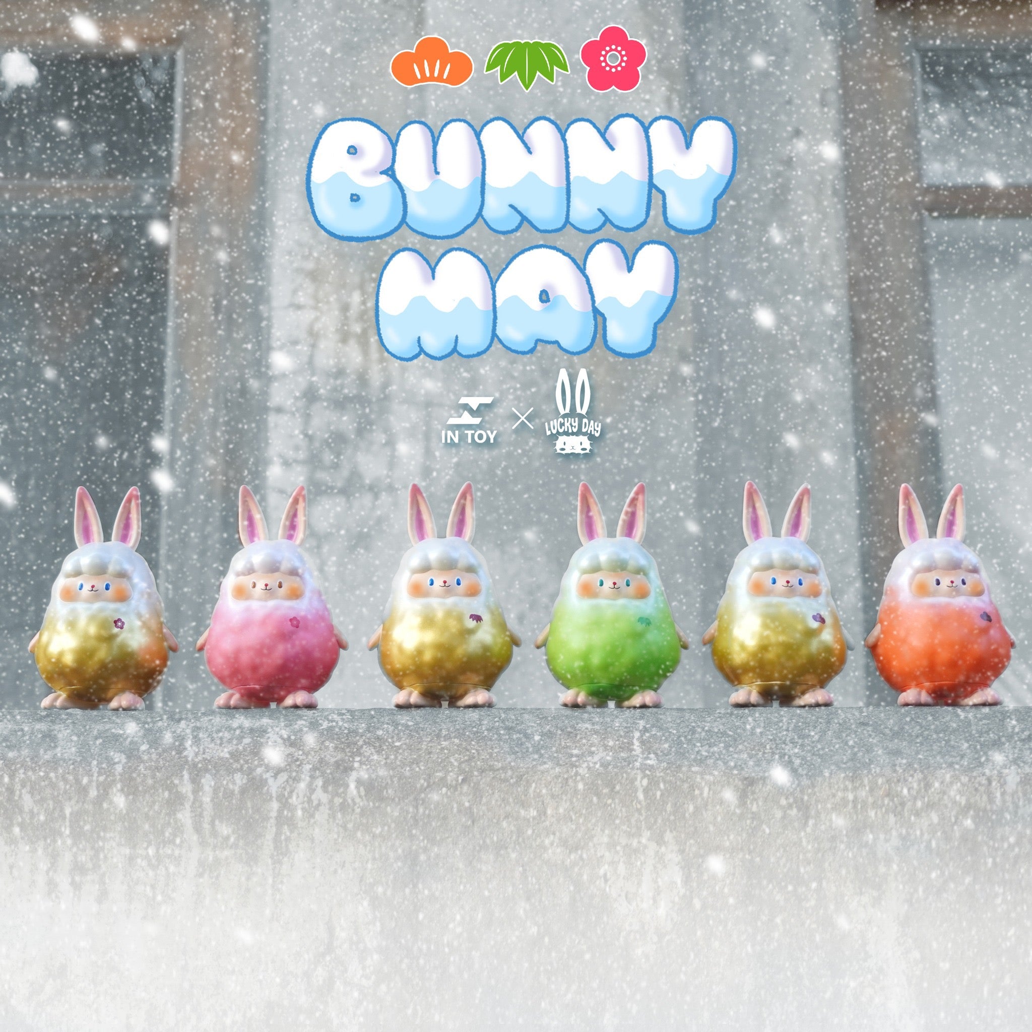 Bunny May toy animals in various outfits, including a rabbit garment, part of a blind box series.