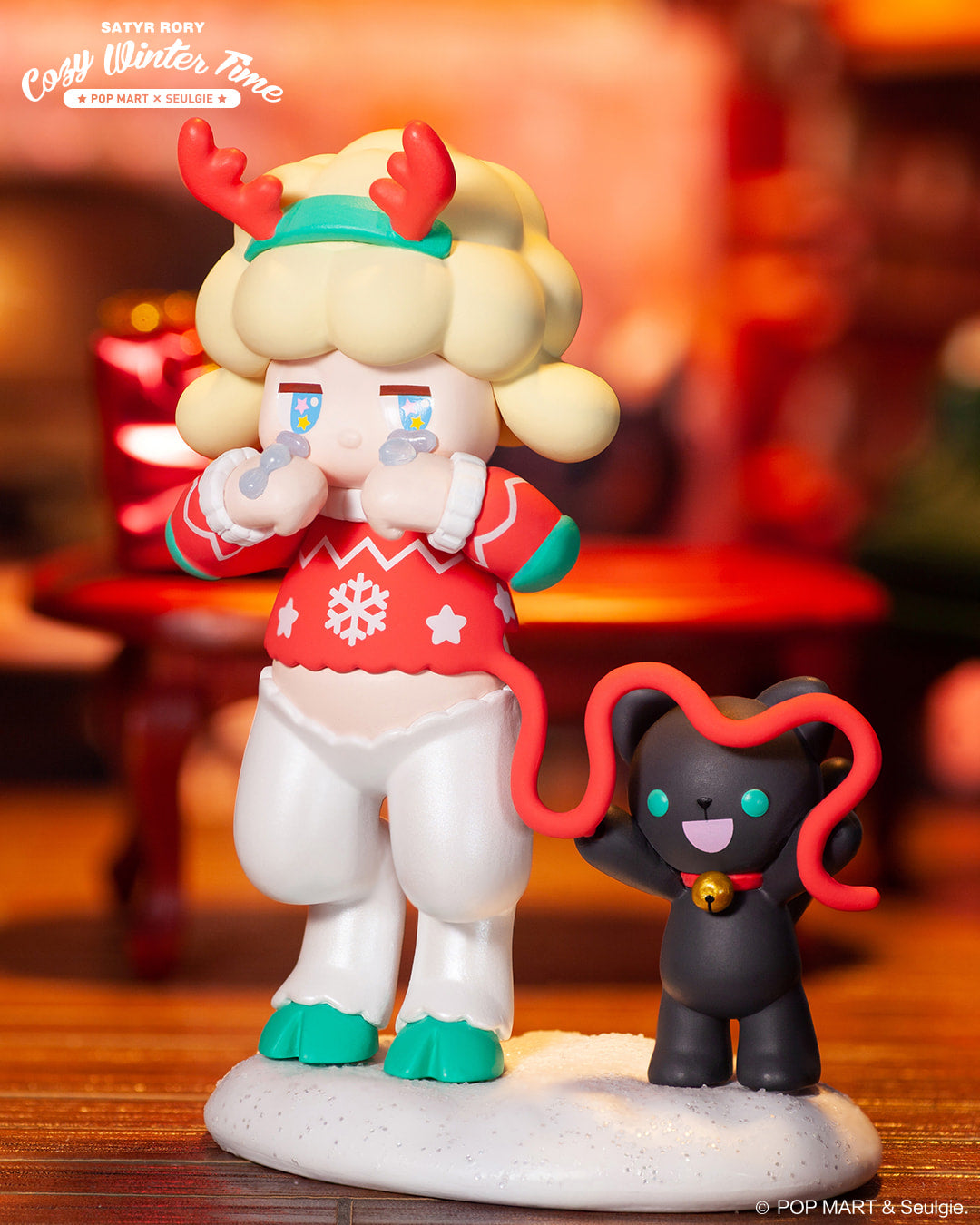 Satyr Rory Cozy Winter Time blind box series figurine with girl and cat, toothbrush, ball, and more.