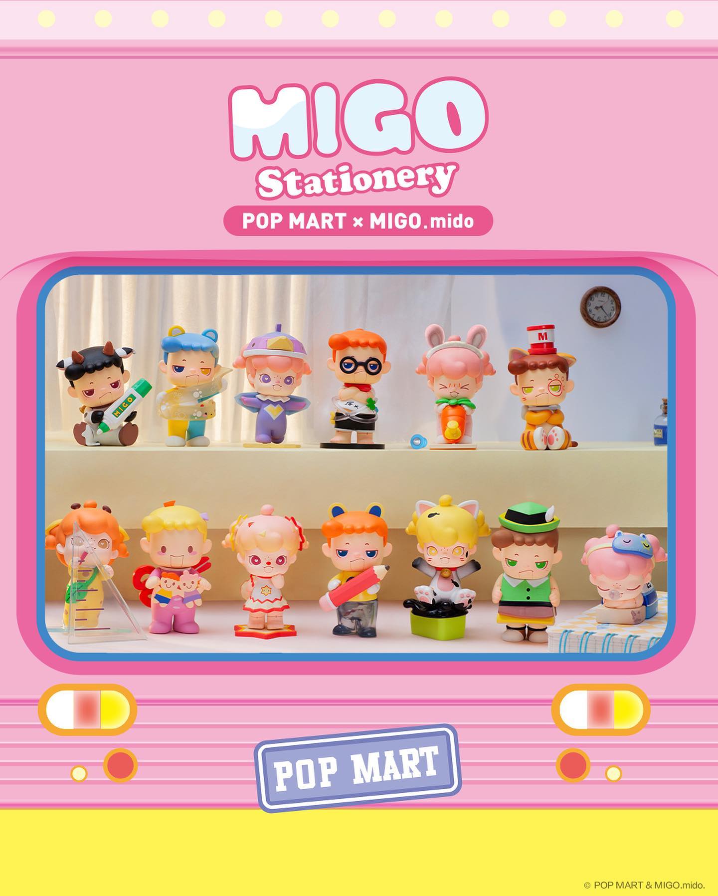 A group of toy figurines from MIGO Stationery Blind Box Series on display.