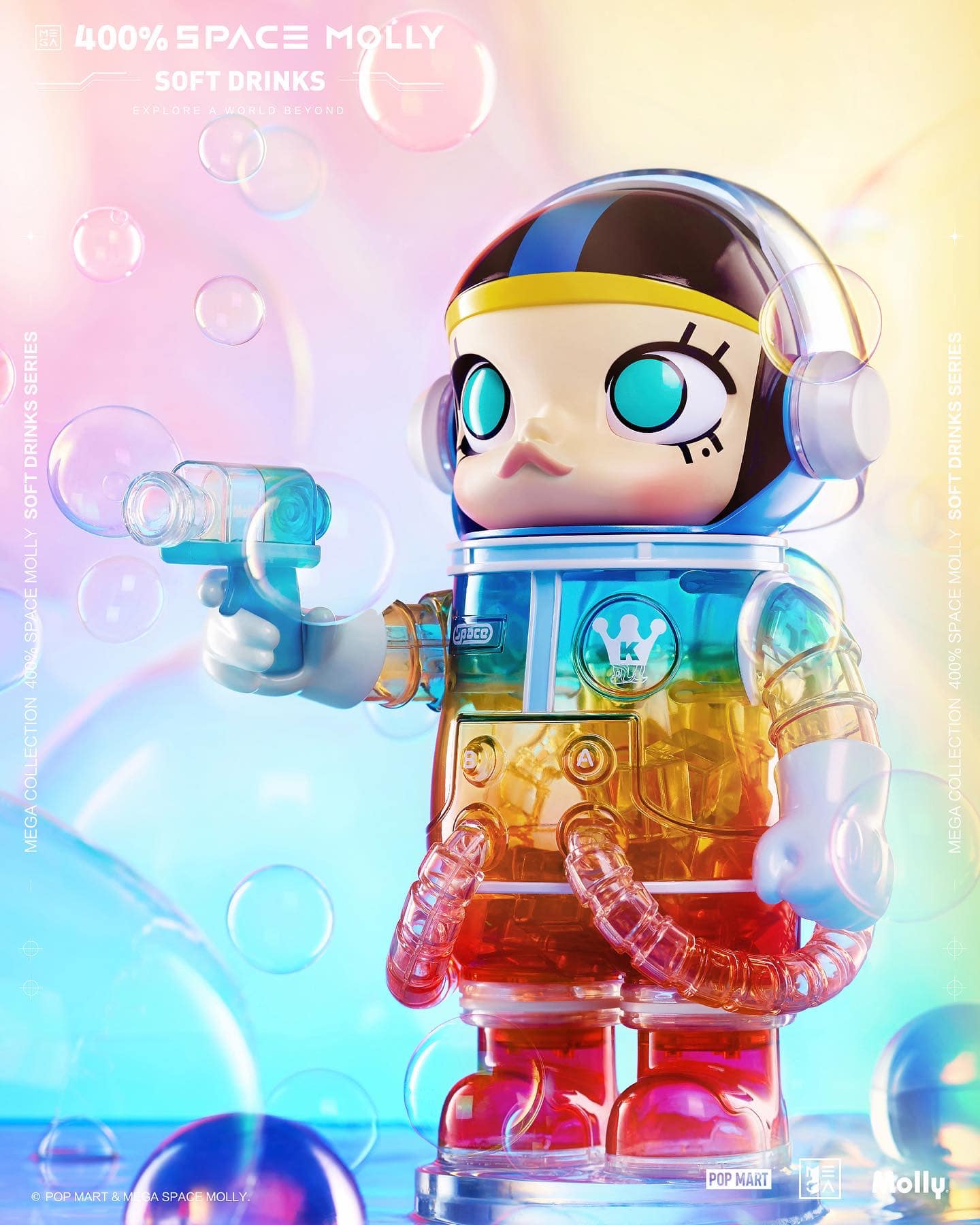 Toy in a bubble with blue and black stripes, colorful body, and logo close-up from 400% Space Molly Soft Drinks series.