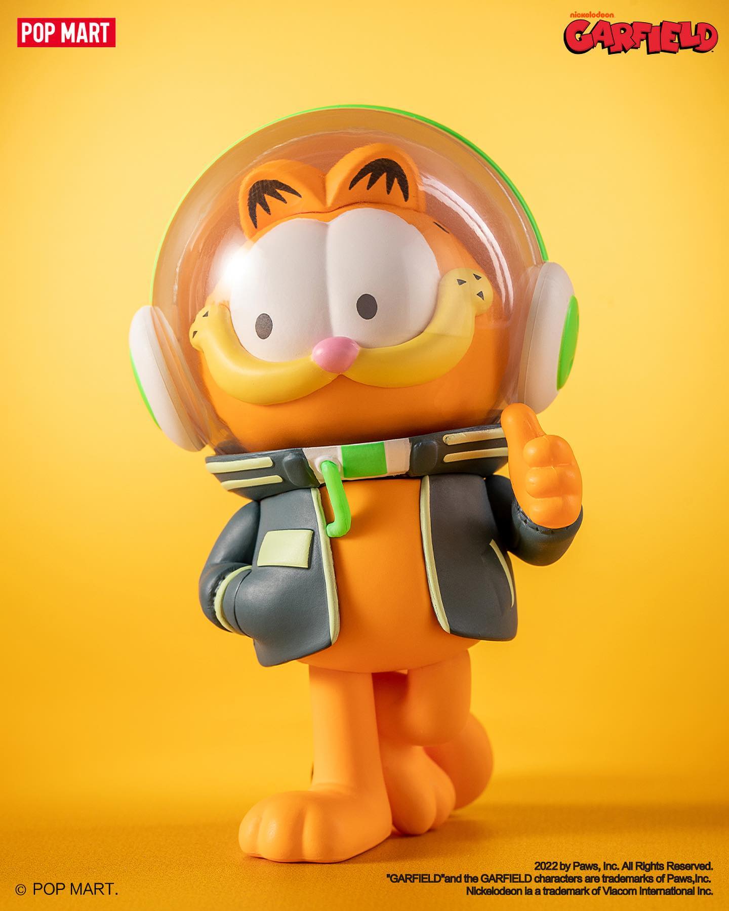 Toy figurine of a cat wearing a helmet and headphones from Garfield Future Fantasy Blind Box Series by Pop Mart.