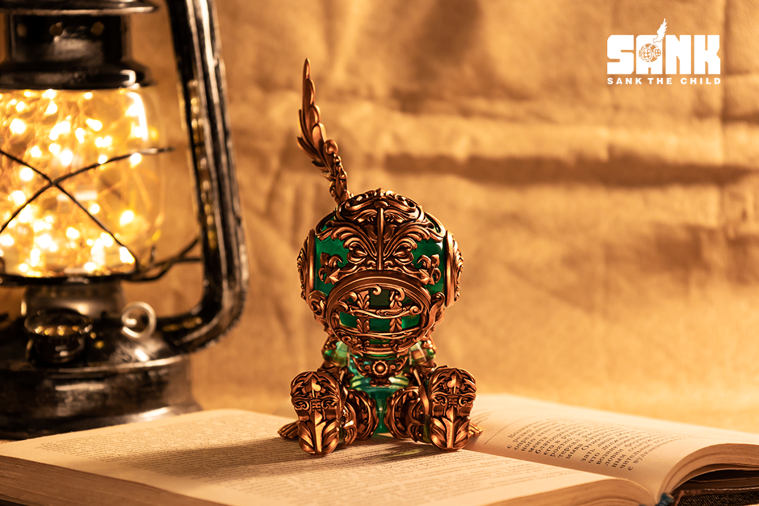 Good Night Series-Nostalgia-Old Memories toy on a book with green and gold object, glass jar with lights, group of bronze objects, and open book with text.