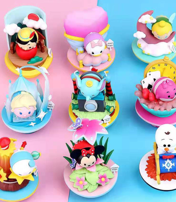 A group of cartoon characters and toys from Disney Magic Blind Box Series.