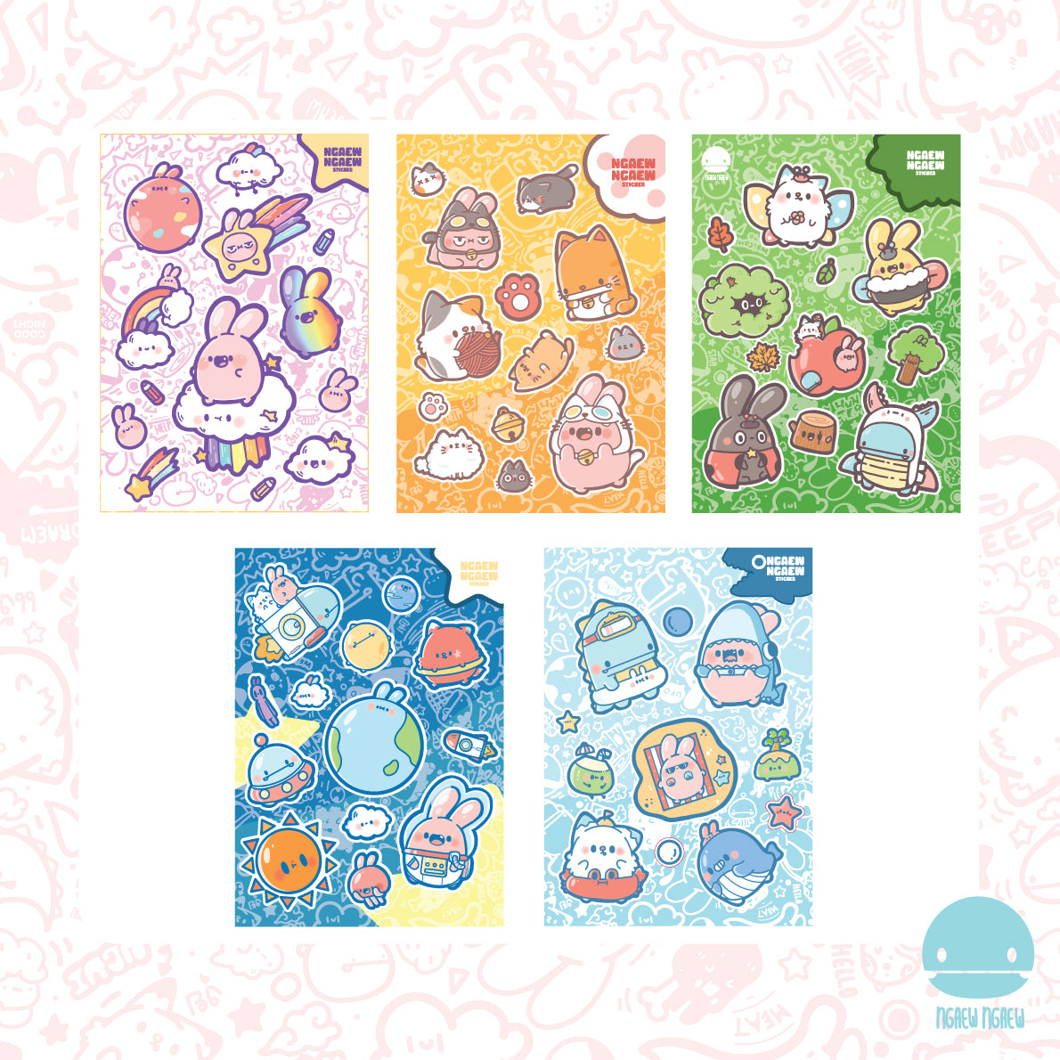 Ngaew Sticker Packs! Cartoon characters and animals in child art drawings.