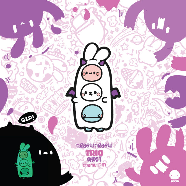 Cartoon enamel pin featuring Ngaew Ngaew Trio Ghost characters and a white animal illustration.