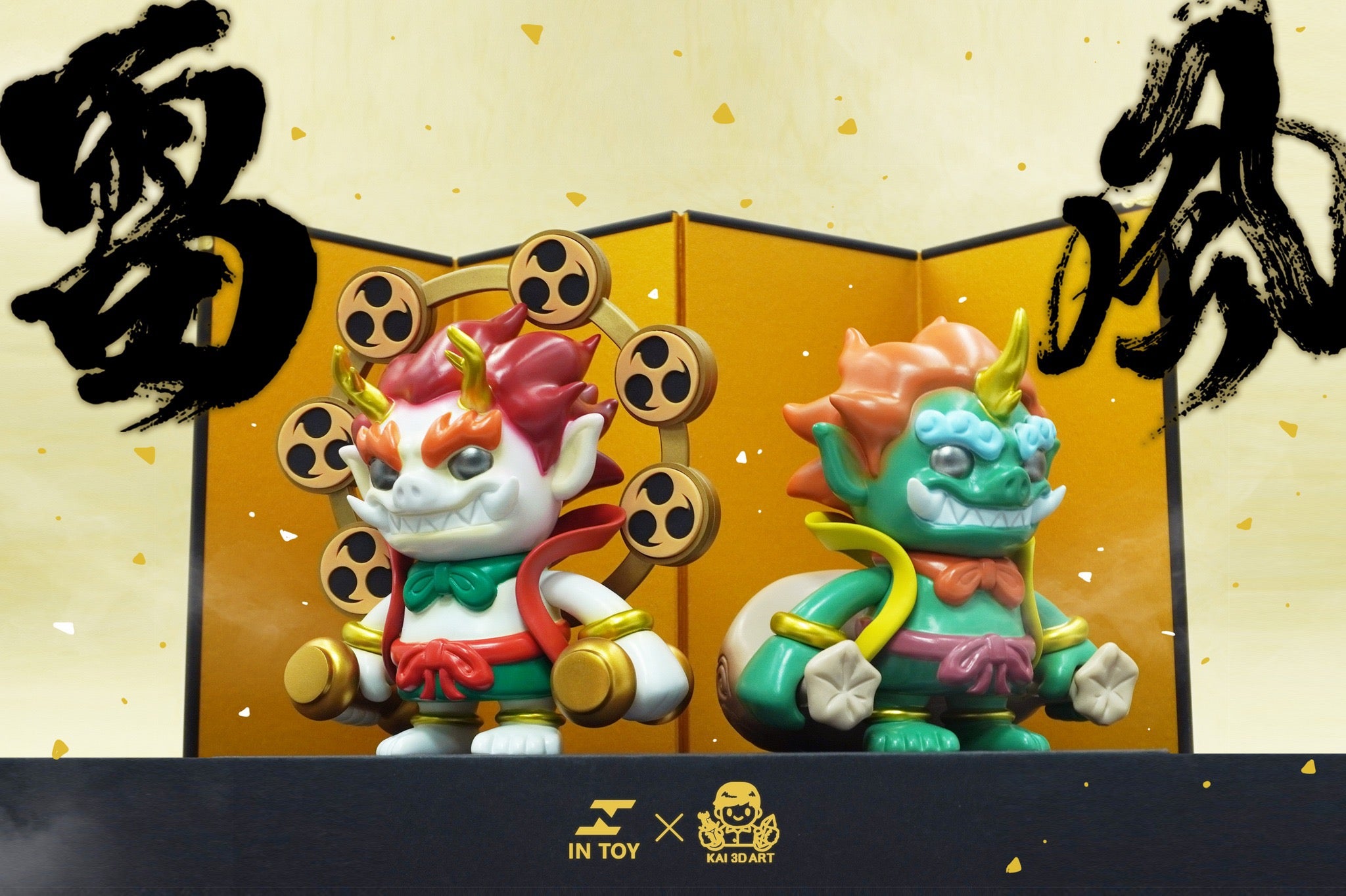 Two small cartoon toy figurines, Fujin & Raijin - classic.ver by KAI 3D Art, on a shelf.