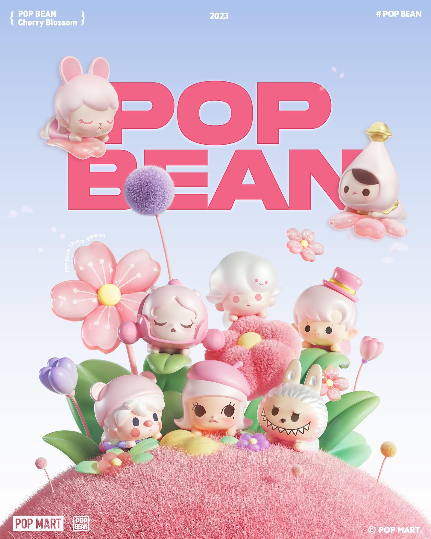 Small toys including a cartoon character figurine and a toy sheep with a pillow, part of Pop Beans - Cherry Blossom by Pop Mart collection.