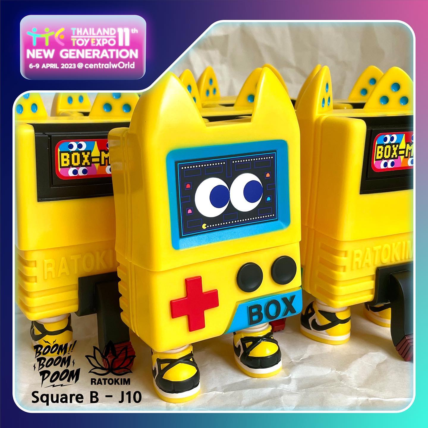 Toy figurine of Game Boy Boxcat - Box-Man by Rato Kim, with limited quantity Sofvi material, featuring various playful designs.