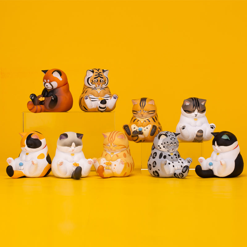 Crotch Staring Cats Series 2 figurines: group of cat statues, toy animal with flower, black and white cat statue, tiger figurine.