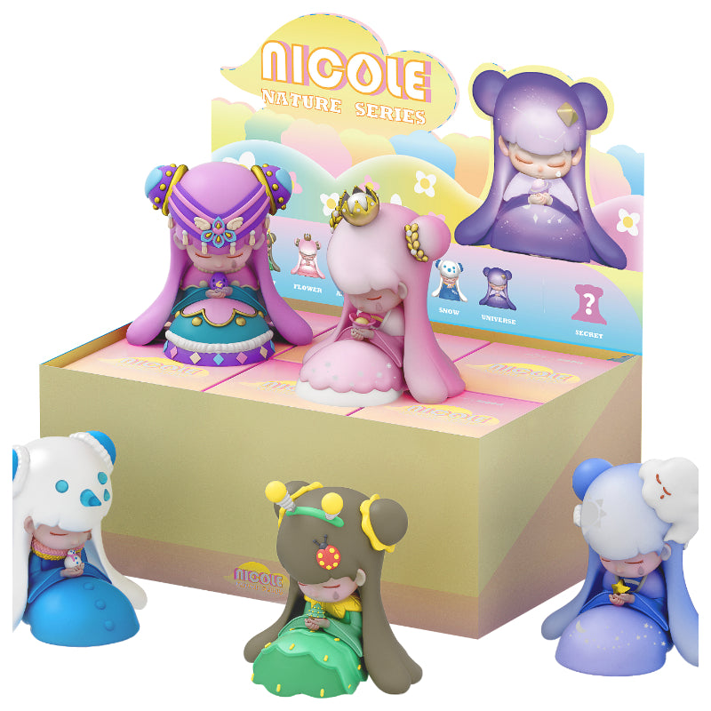 Nicole - Nature Blind Box Series: Cartoon characters and toy figurines, including a character with a purple hat and long hair.
