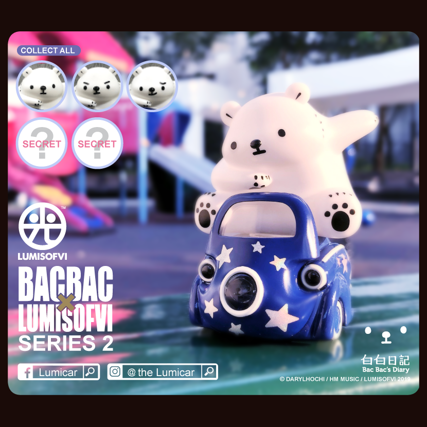 Toy car with polar bear and dog paw print, part of Lumisofvi : BacBac Blind Box Series 2.