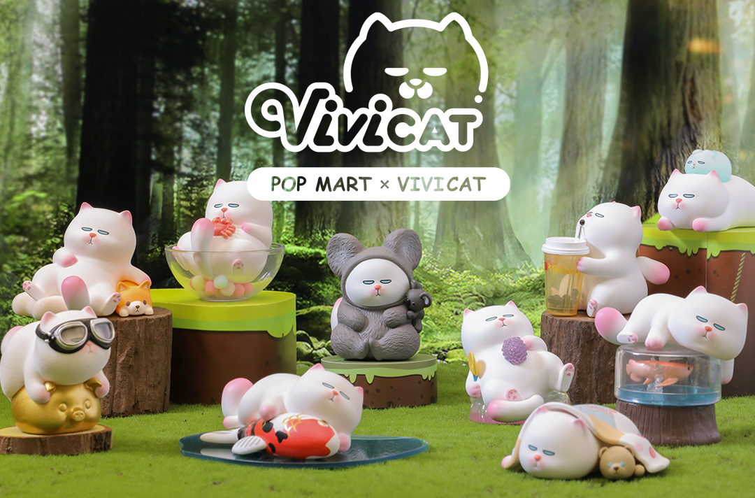 Vivicat Lazy Friends Series figurines on grass field with toy animals, plush toys, and candy bucket.