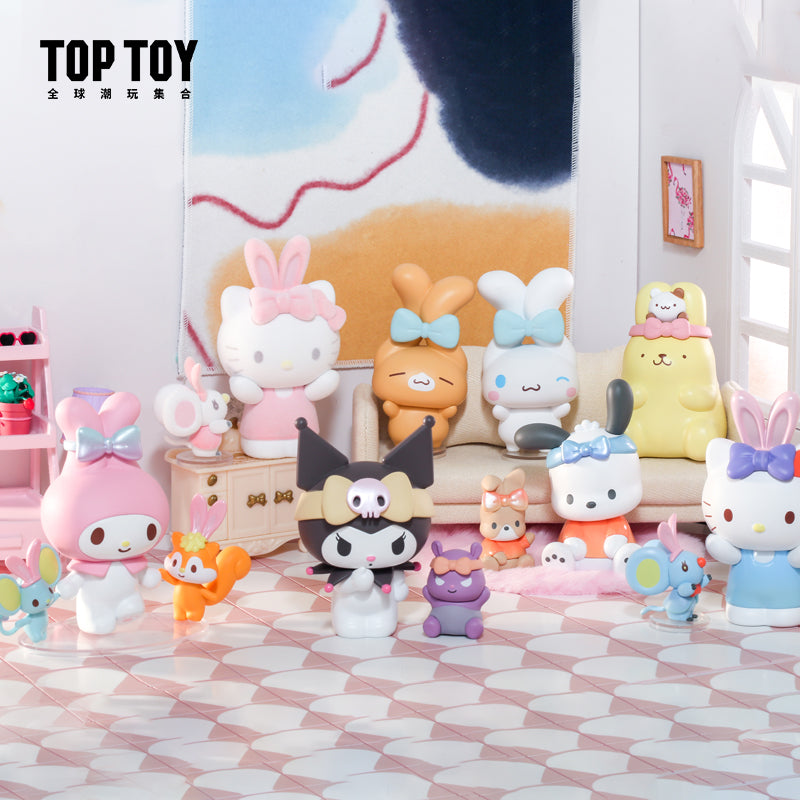 A group of baby toys including cartoon characters from Sanrio family Ear Tying Days Blind Box Series.
