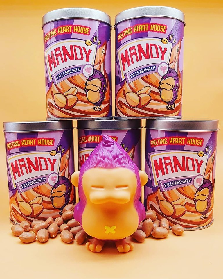 Mandy Purple by Kimgu x 9sadtoy vinyl can toy with monkey, limited edition, 10cm tall, group of cans of food.