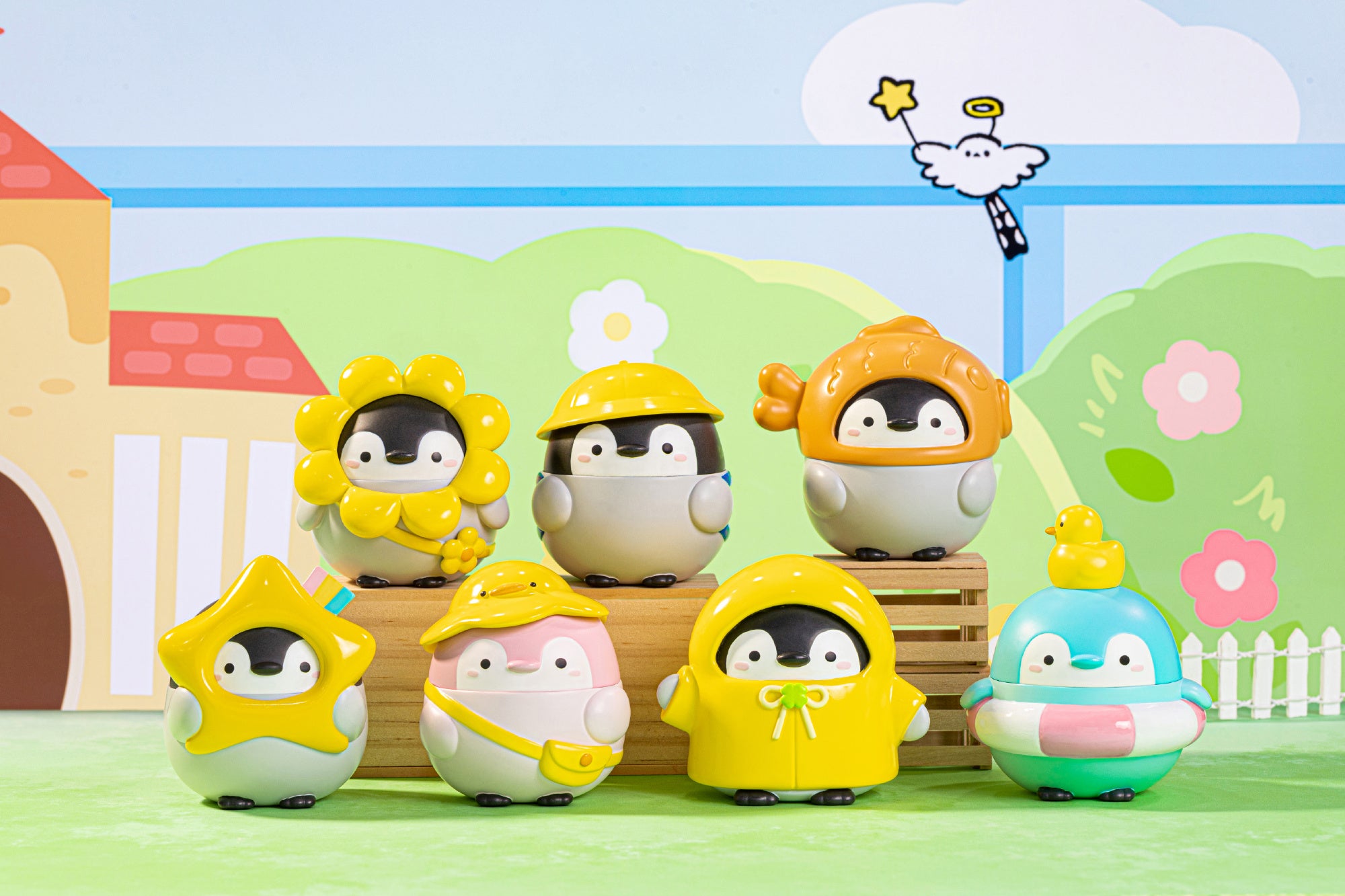 Positive Energy Penguin - Gosling Garden Blind Box Series: Toy penguins with unique designs, including a hard hat and a rubber duck.