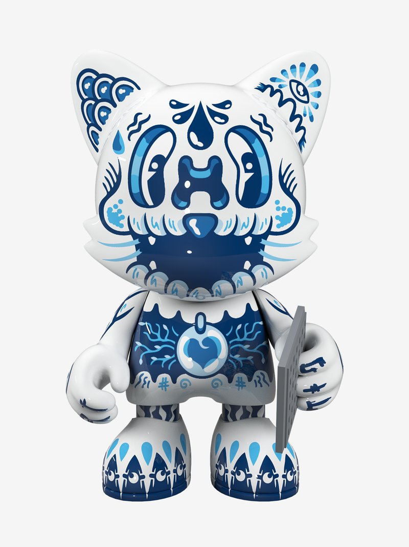 Cartoon animal figure art toy, Fragil SuperJanky by Add Fuel, with blue-and-white design and high-gloss finish.
