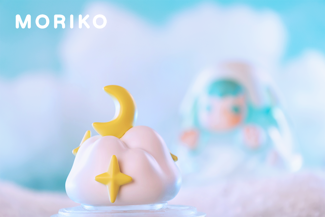 Toy object featuring moon, star, cloud, doll, and logo. Includes yellow star and crescent moon. Part of Moriko - Snow by MoeDouble collection.