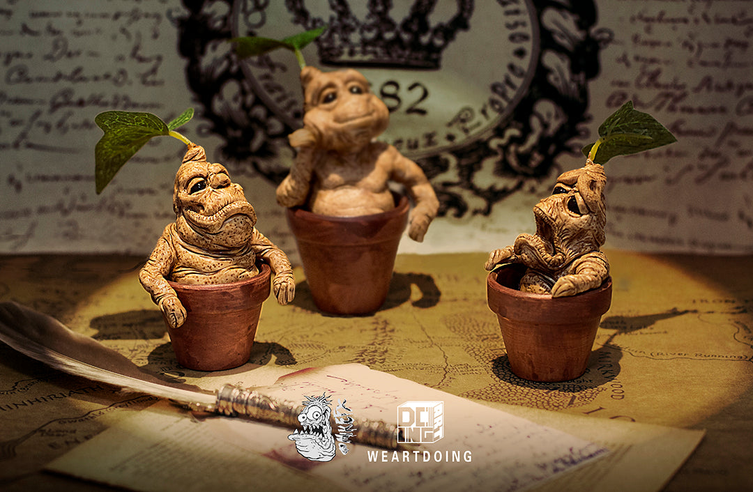 Mandrake by MikeFX x WeArtDoing: Group of clay figurines in pots, brown statue of frog, and clay creature figurine.