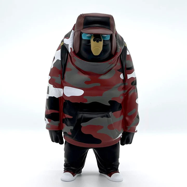 Toy animal in camouflage outfit, Brick Red Camo Kub figure by Mike Fudge, limited edition vinyl statue.