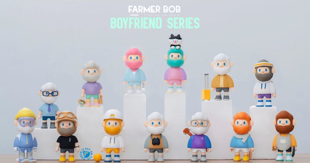 A group of cartoon LEGO toy figurines from Finding Unicorn x What the Farmer BOB Boyfriend Blind Box Series.