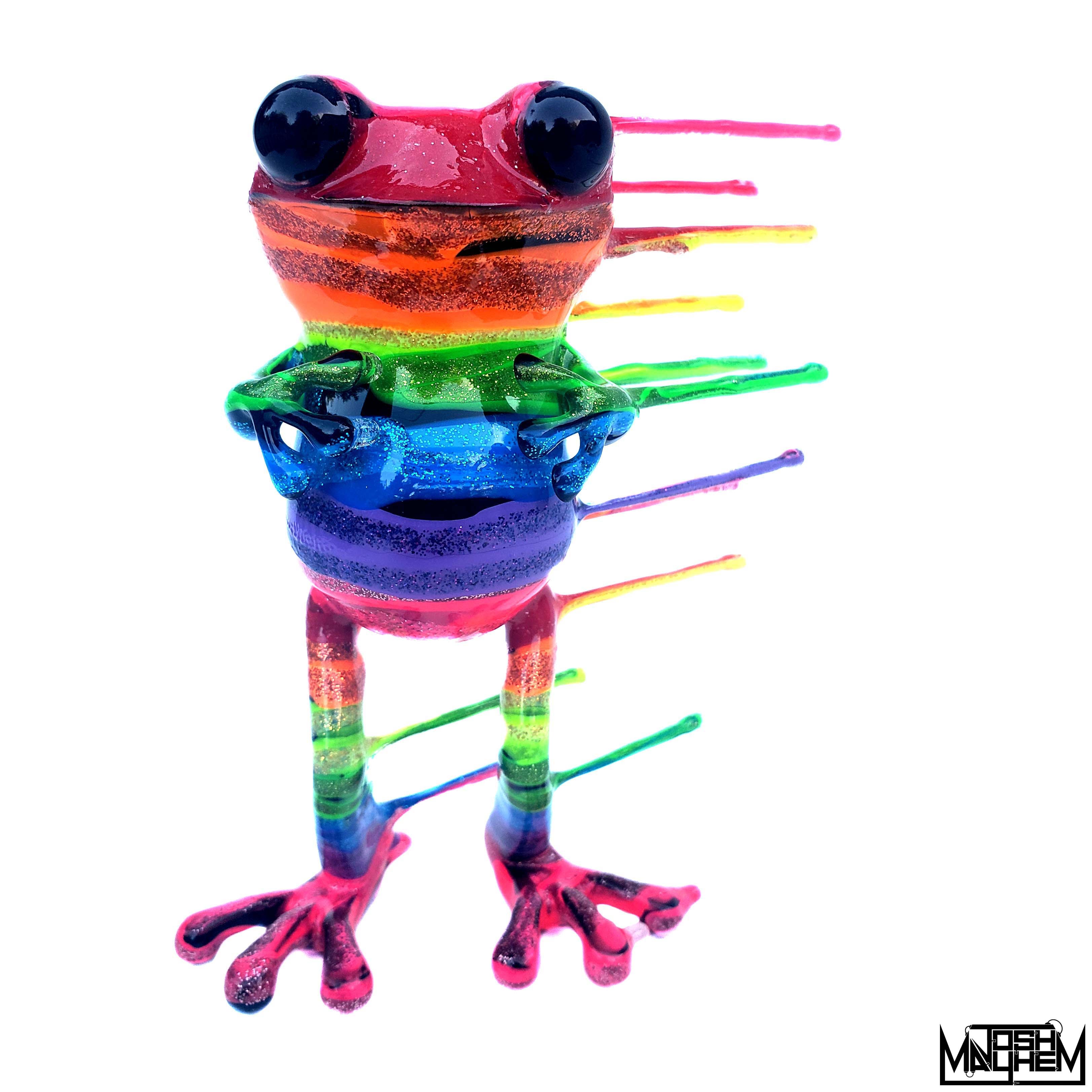 Blown Away APO frog by Josh Mayhem, a unique resin sculpture with a child art toy drawing.