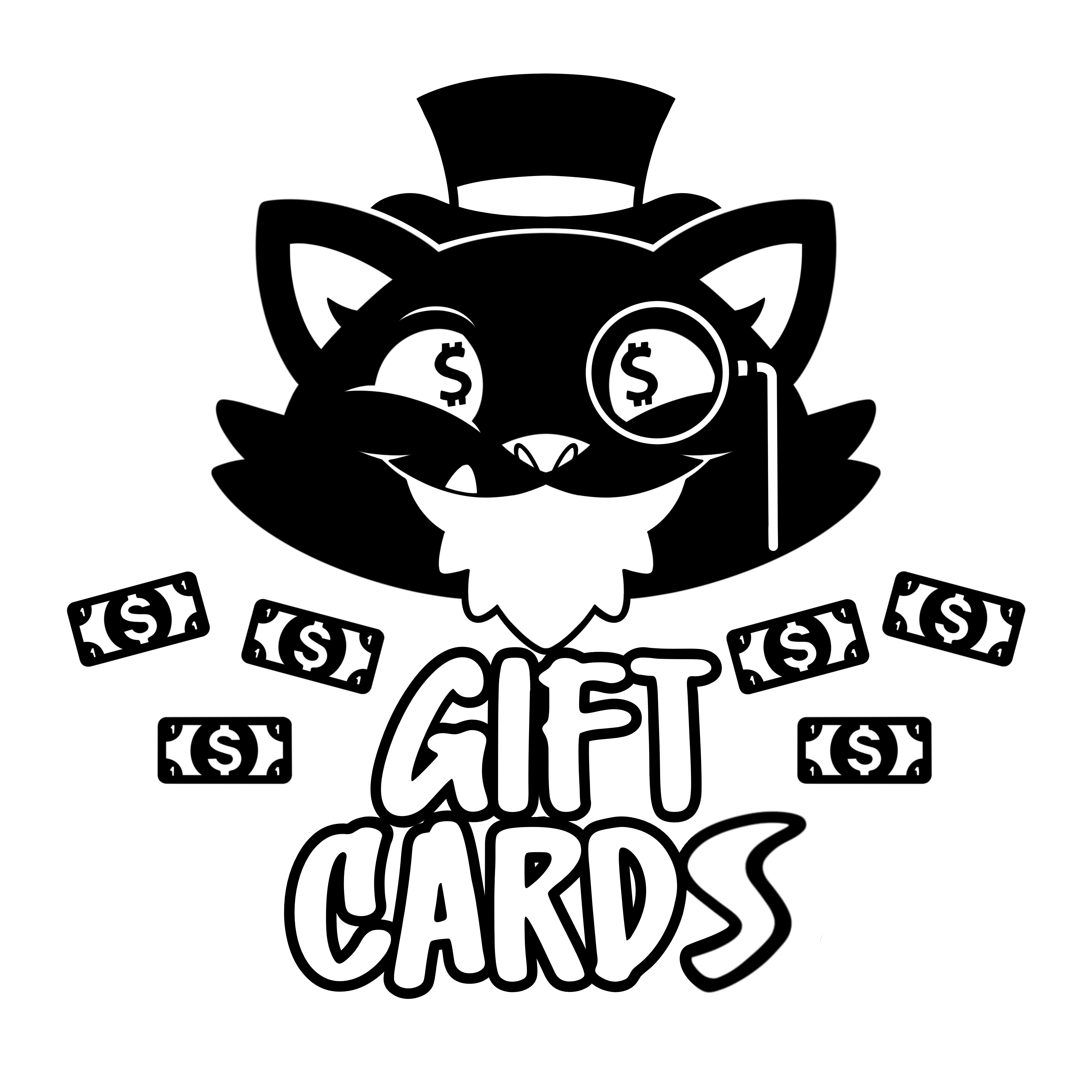 A cartoon cat logo with money and a dollar sign, representing a Strangecat Toys gift card.