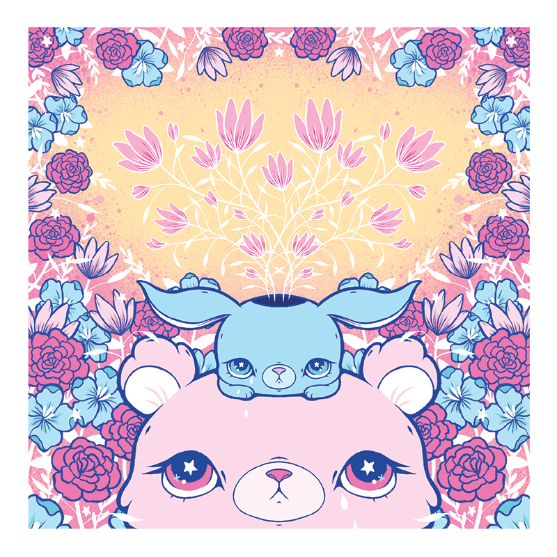 Cartoon rabbit on bear art print, 10x10, by Flavia.