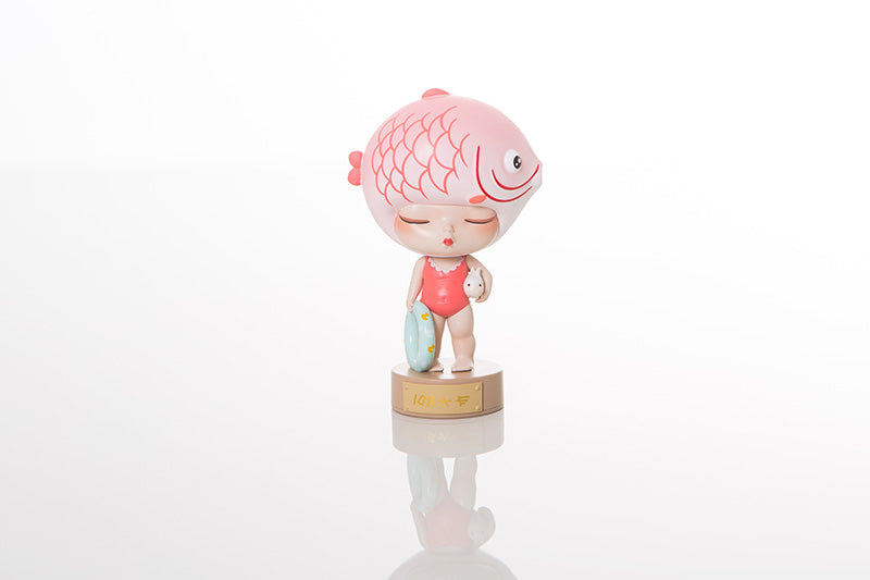 Cartoon toy figurine of a girl in a swimsuit, PVC material, 8.8×3.7×5.2cm, created by Steven Jia.