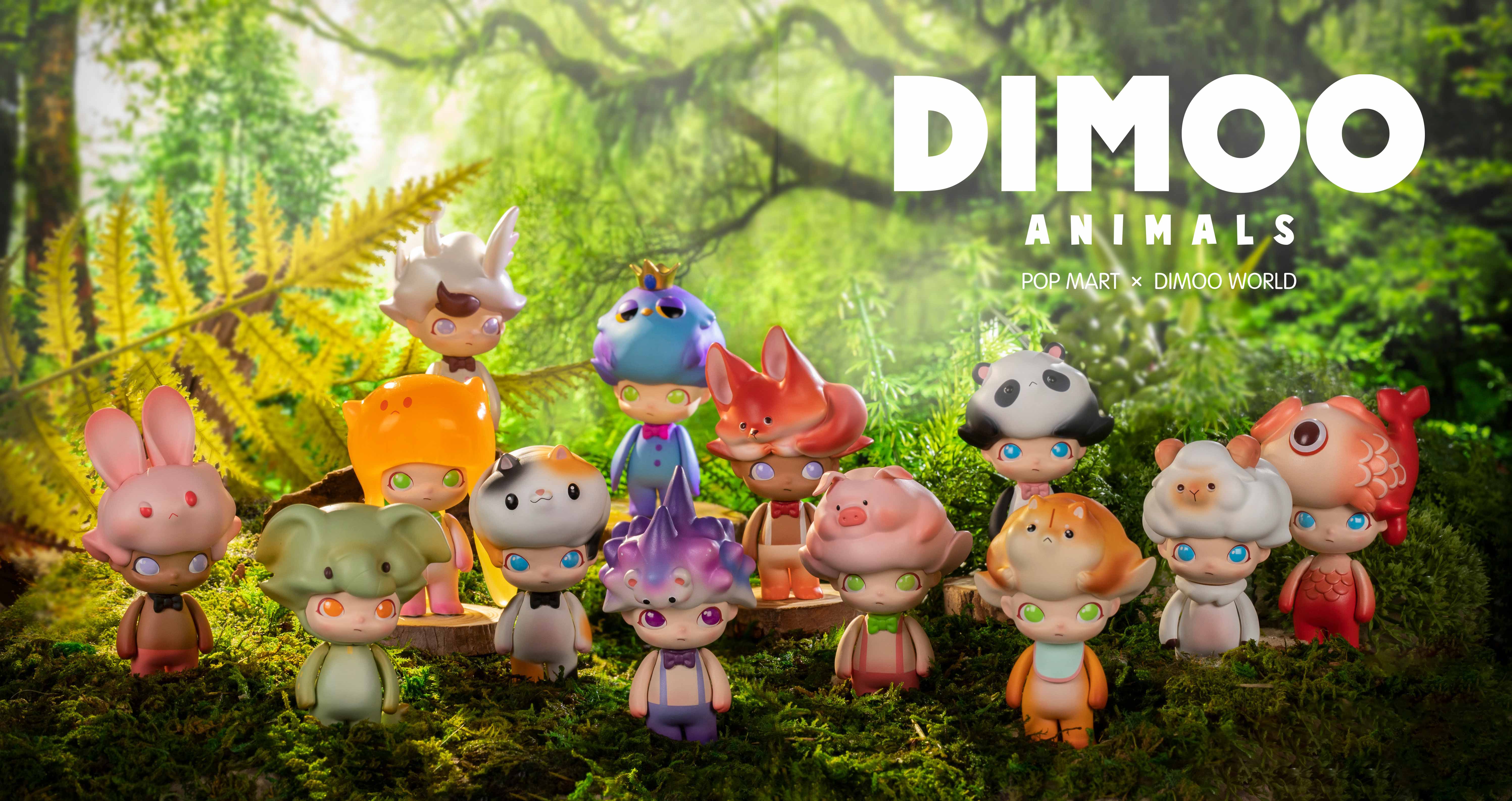Dimoo Animals Mini Series by Ayan x Pop Mart: Toy figurines of cartoon characters in a forest setting.