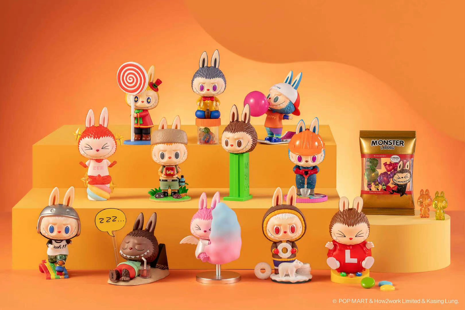 A group of toy figurines from The Monsters Candy Blind Box Series on display.