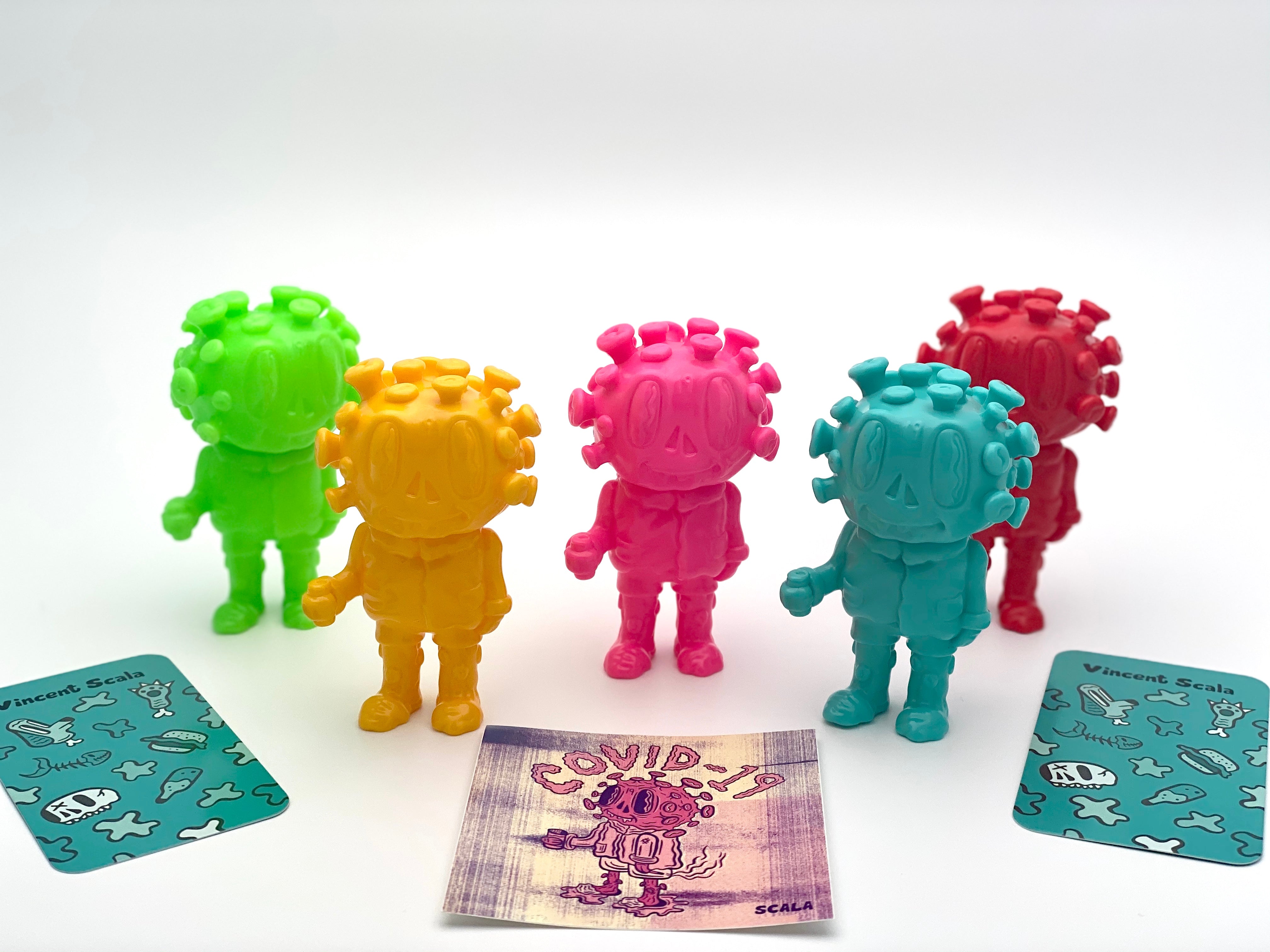 COVID-19 Relief Toy by Vincent Scala: A group of quirky vinyl toys depicting a lazy quarantine character with beer and cigarette.