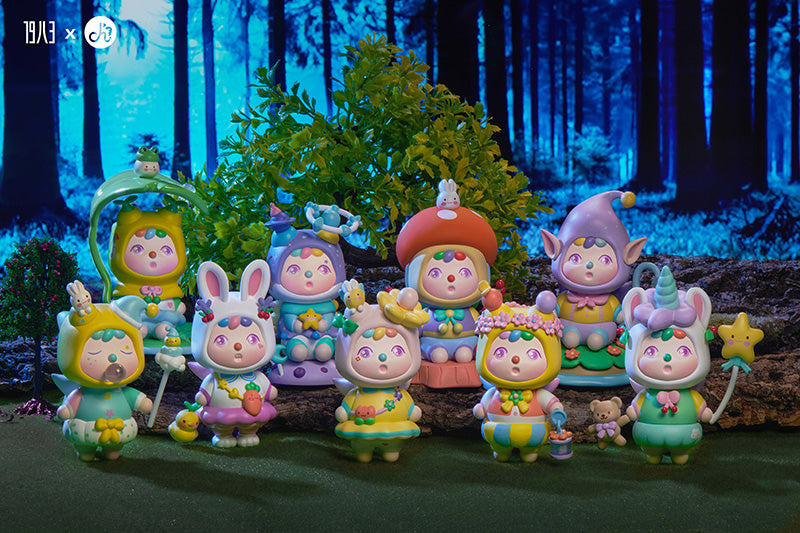 A group of forest fairies and cartoon characters in garments by Larvochoi series x 1983 Toys.